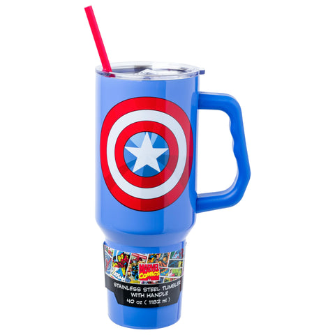 Silver Buffalo Marvel Captain America Shield Double Walled Stainless Steel Tumbler with Handle and Straw, Fits in Standard Cup Holder, 40 Ounces
