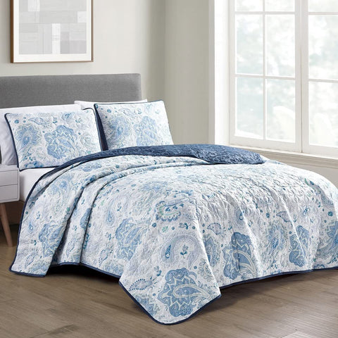 Jaba/WPM Paisley Blue/White/Navy Paisley Floral Print Bedspread 3 Piece Paisley Theme Home Cabin Lodge Ranch Design Coverlet Quilt Set-Heget 22277 (Queen)