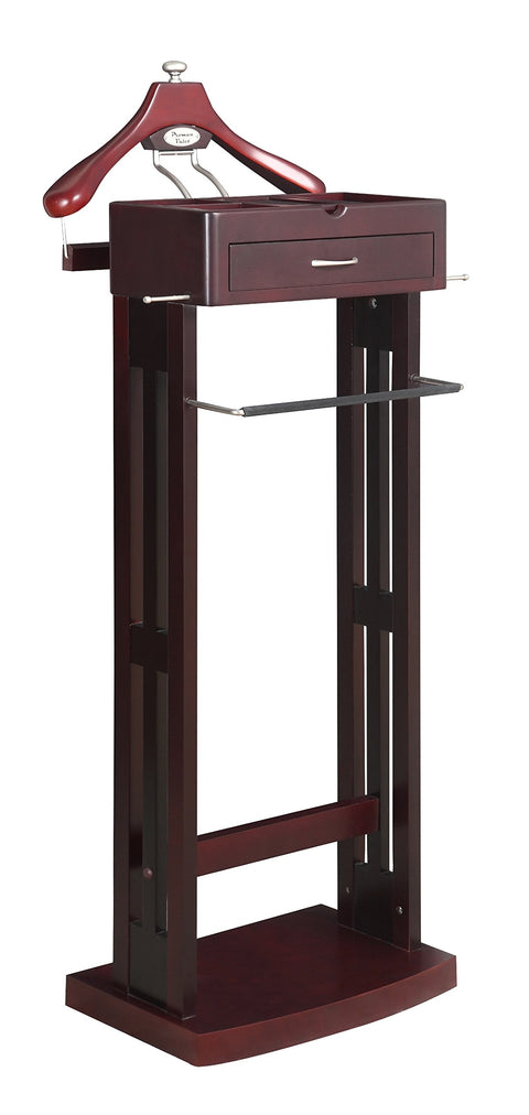 Proman Products Norstar Suit Valet Stand VL16245 with Detachable Hanger, Trouser Bar, Tie Bars, Mirror Tray & Drawer, 20”W x 15” D x 49”H, Mahogany