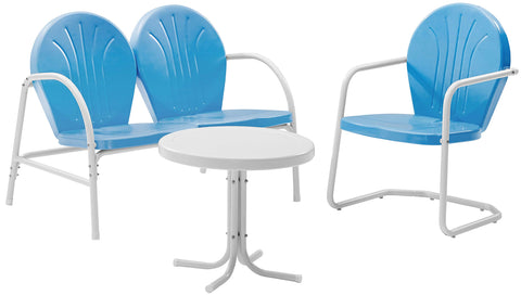 Griffith 3Pc Retro Outdoor Loveseat Patio Furniture Set Sky Blue Gloss/White Satin - Loveseat, Chair, & Side Table