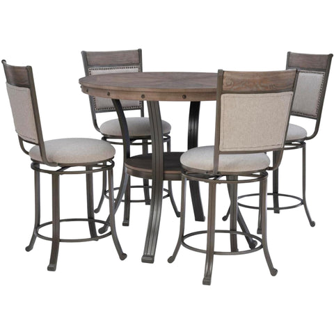 Oakestry Franklin 5-Piece Counter Height Dining Set with 42" Round Table & 360° Swivel Stools, Pewter Metal Base & Grey Ash Veneer Top