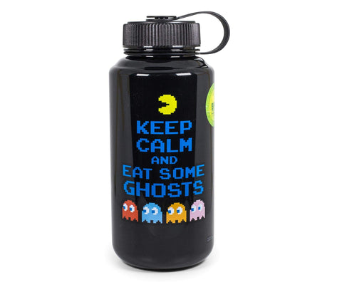 JUST FUNKY Pac-Man Keep Calm And Eat Some Ghosts Water Bottle | Bpa-Free Large Plastic Water Jug With Screw Top Lid | Hydration For Outdoor Sports, Gym, Yoga | Holds 32 Ounces