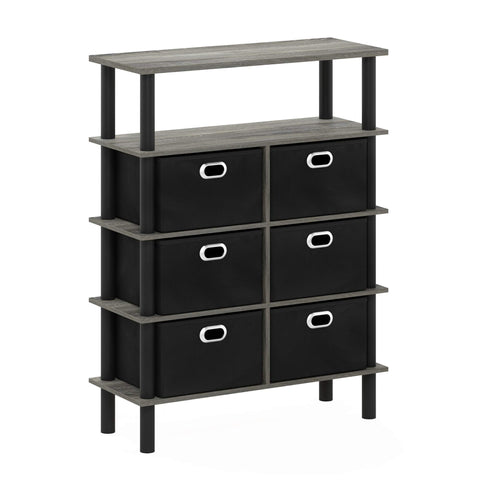 Furinno Frans Turn-N-Tube Console Table with Bin Drawers French Oak/Black/Black