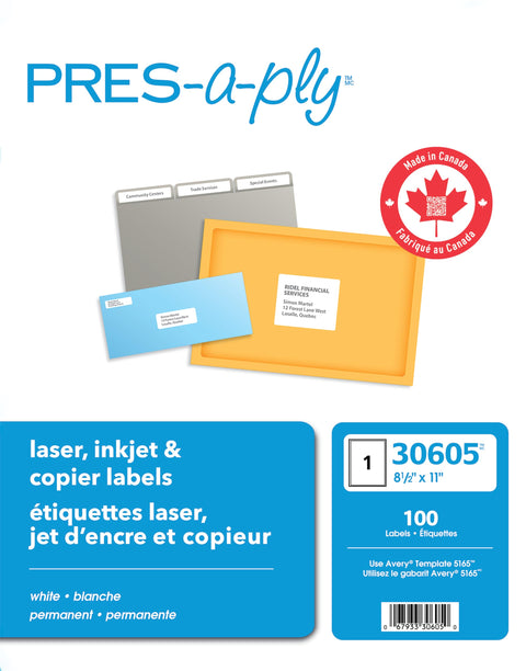 PRES-a-ply Laser Address Labels, 8.5 x 11 Inches, White, Box of 100 (30605)