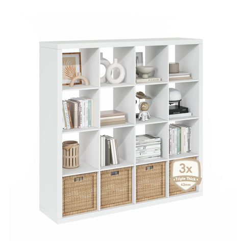 Furinno Cubicle Book Shelf, 16-Cube Bookshelf, Triple Thick Frame Cube Storage Organizer Bookcase, 1.65" Thick, 15.3 x 57.4 x 56.8, for Living Room, Bedroom, Home Office, White