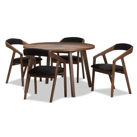 Baxton Studio Wendy Mid-Century Modern Black Fabric and Walnut Medium Brown Wood Finishing Dining Set Black//Medium Wood/Mid-Century/Table/Fabric Polyester 100%"/Solid Rubber Wood/Foam