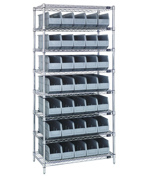 Quantum Storage Systems WR8-461GY Wire Heavy Duty 8 Shelves 35 Stackable Shelf Bins Gray Bins 74" H x 36" W x 18" D