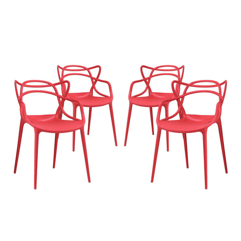 Modway Entangled Modern Molded Plastic Four Dining Armchairs in Red