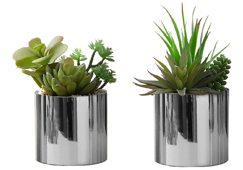 Monarch Specialties I 9550 Artificial Plant, 7" Tall, Succulent, Indoor, Set of 2, Decorative, Green Plants, Chrome Pots