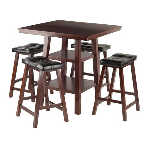 Oakestry Orlando 5-Piece High Table Set with Cushioned Saddle Stools, Walnut & Black, Solid Wood, Storage Shelves, Counter-Height Dining Set