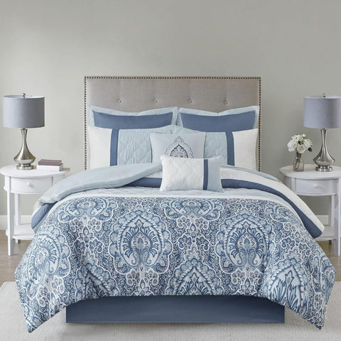 Oakestry 8Pc Luxe Quilted Comforter Set Decorative Pillows Bed Skirt Matching Shams All Season Down Alternative Warm Bedding, Queen, Shawnee Scrollwork Blue