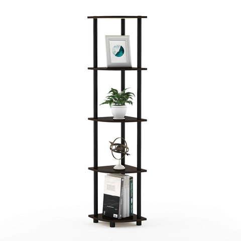 Furinno TURN-N-TUBE Corner Shelf, 5-Tier Corner Bookshelf, Open Storage Shelves, for Organization and Storage, Living Room, Home Office, Garage, Bedroom, Dark Brown Grain