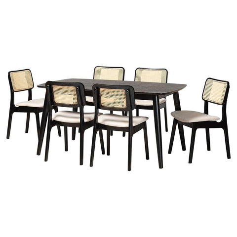 Oakestry Dannon Mid Century Modern Cream Fabric Black Wood 7 Piece Dining Set with Rectangular Table and Six Upholstered Chairs Elegant Comfortable Durable Dining Room Furniture for Family and Guests
