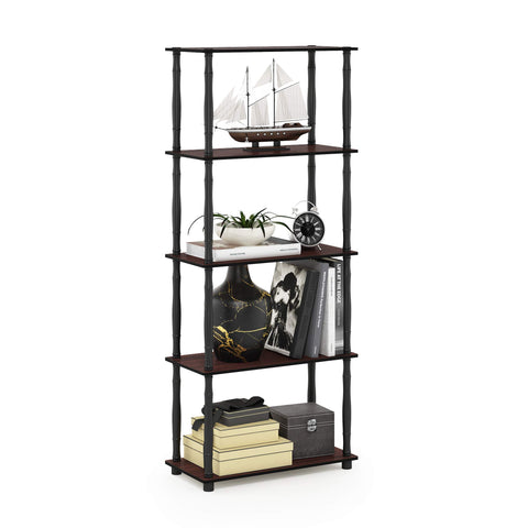 Furinno TURN-S-TUBE Storage Shelves, 5-Tier Book Shelf, Corner Shelf, Toolless Open Shelves, Classic Tubes, for Organization and Storage, Living Room, Garage, Home Office, Dark Cherry