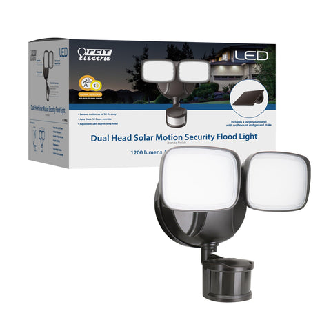 Feit Electric LED Outdoor Security Floodlight, Dual Head, Motion Sensor up to 50 ft, Dusk-to-Dawn, Solar Panel Included, 1200 Lumens, 5000K Daylight, 50,000-Hour Lifetime, S9.5/1200/850/SOL/BZ