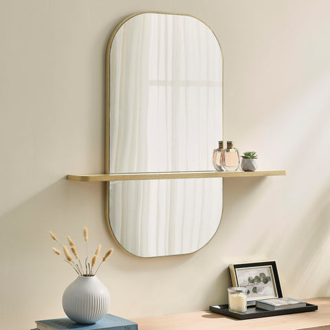 Modway Solstice Oversized Wall Mounted Oval Mirror with Shelf in Oak – Modern Decorative Accent Mirror for Entryway, Bedroom, Living Room, or Bathroom Vanity
