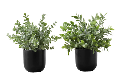 Monarch Specialties I 9580 Artificial Plant, 11" Tall, Eucalyptus Grass, Indoor, Faux, Fake, Table, Greenery, Potted, Set of 2, Decorative, Green Leaves