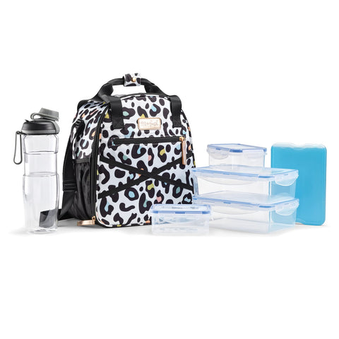 Fit & Fresh Kate Insulated Lunch Bag with Side Pouch & Carry Handles, Complete Lunch Kit Includes Matching Tumbler, 4 Containers & Ice Pack, Colorful Leopard