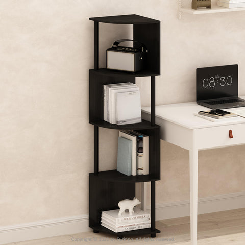 Furinno Basic Book Shelf, 4-Tier Bookshelf, Bookcase with Zigzag Corner Shelf, 14.2 x 14.2 x 57.7, for Living Room, Bedroom, Home Office, Espresso/Black