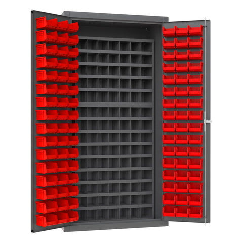 Durham 3501-DLP-72/40B-96-1795 Lockable Cabinet with 96 Red Hook-On Bins, Flush Door Style, 112 Pigeon Hole Bins, 36" Wide, 14 Gauge, Gray
