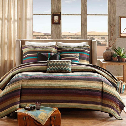 Oakestry 6Pc Quilt Rustic Southwestern for All Seasons Matching Decorative Pillow Shams Coverlet Bedspread Breathable Lightweight, King/Cal King(104"x94"), Yosemite, Stripes Purple/Teal