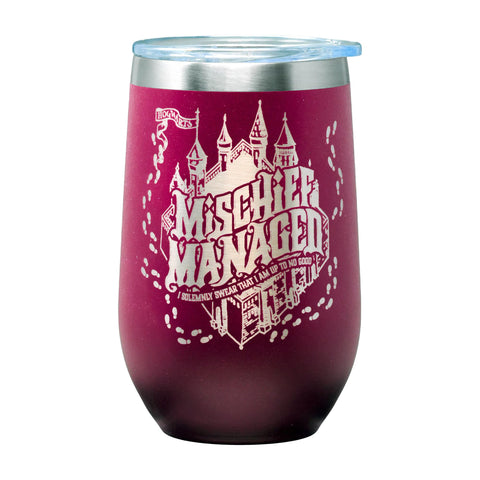 Spoontiques Mischief Managed Etched Stainless Steel Tumbler - Insulated Wine Tumbler with Lid – Double Wall Stainless Steel Stemless Wine Glass – 16oz - 5 5/8" Tall
