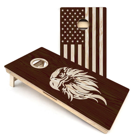 Skip's Garage Wood Eagle & American Flag All-Weather PVC Cornhole Boards - Includes (2) Boards (Resin Bags) + (1) Case & (2) Edge Lights