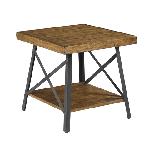 Emerald Home Furnishings Chandler Rustic Wood End Table with Solid Wood Top, Metal Base, and Open Storage Shelf, Pine Brown