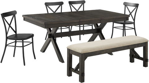 Hayden 6-Piece Dining Table Set For 7 W/Camille Chairs Matte Black/  Slate - Table, Bench, & 4 Chairs
