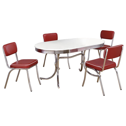 Coaster Home Furnishings Retro 1950s Soda Fountain Diner 5-Piece Dining Room Set Oval Table White Laminate Top Red Faux Leather Upholstered Dining Side Chairs Sturdy Steel Chrome Base 2065-S5R