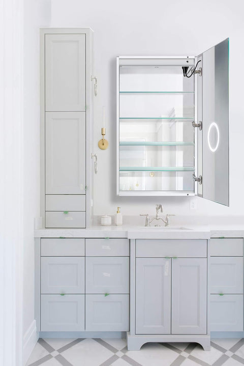 Krugg LED Medicine Cabinet 24 Inch x 42 Inch | Recessed or Surface Mount Mirror Cabinet w/Dimmer & Defogger + 3X Makeup Mirror Inside & Outlet + USB (Right Hinge 42" Tall)