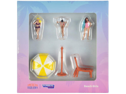 Beach Girls 5 pc Diecast Figure Set (3 Female Figures and 2 Beach Accessories) for 1/64 Scale Models by Tarmac Works & American Diorama T64F-002-YL