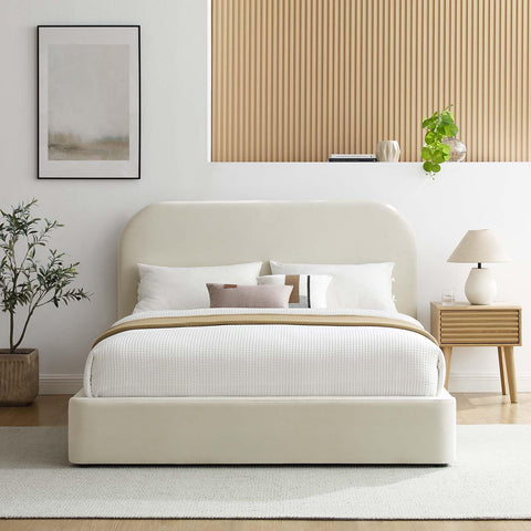 Modway Keynote Modern King Size Bed Frame with Curve Shaped Headboard in Alabaster, Upholstered Performance Velvet King Platform Bed, Soft Cloud Bed Frame, No Box Spring Needed