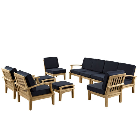 LexMod Marina 10 Piece Outdoor Patio Teak Sofa Set in Natural Navy