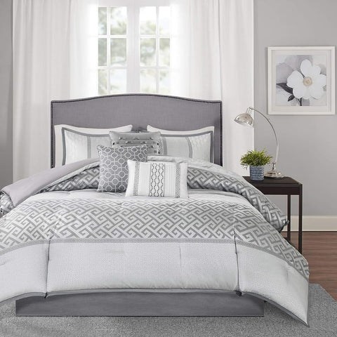 Oakestry 7-Pc Luxury Comforter Set All Season Down Alternative Bedding, Matching Bedskirt, Decorative Pillows King (104"X92"), Bennett, Geometric Grey