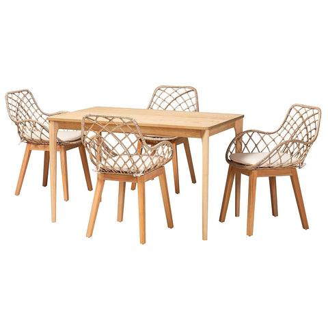 Baxton Studio Ballerina Gray Rattan and Brown Mahogany Wood 5-Piece Dining Set