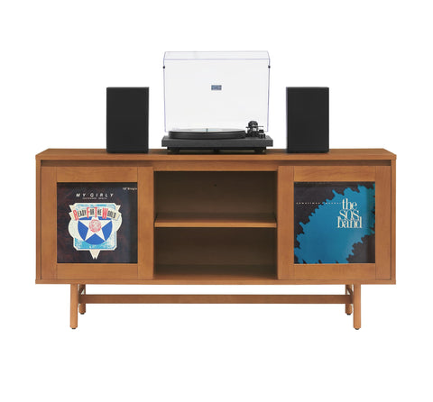 Crosley Furniture Dempsey Record Player Cabinet Vinyl Storage and Display Mid-Century Modern Turntable Stand, Walnut