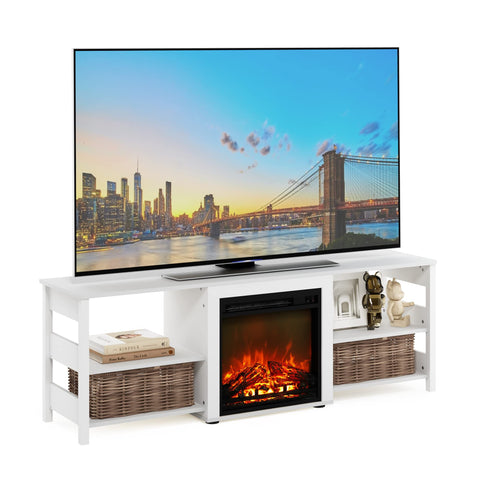 Furinno Classic 70 Inch TV Stand with Fireplace White Emboss