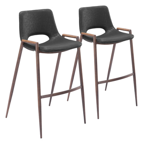 Zuo Desi Barstool (Set of 2) Black & Walnut, Black Barstool, Modern Style, Faux Leather, Plush and Durable Faux Leather Fabric, Plywood, Indoor Bar, 20.7" W x 21.7" D x 39" H