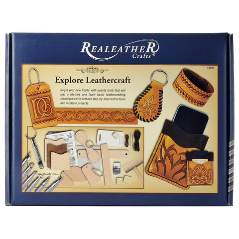 Realeather Explore Leathercraft Kit with Card Sleeve, Bookmark, Laced Key Fob, Wristband and Bag Tag