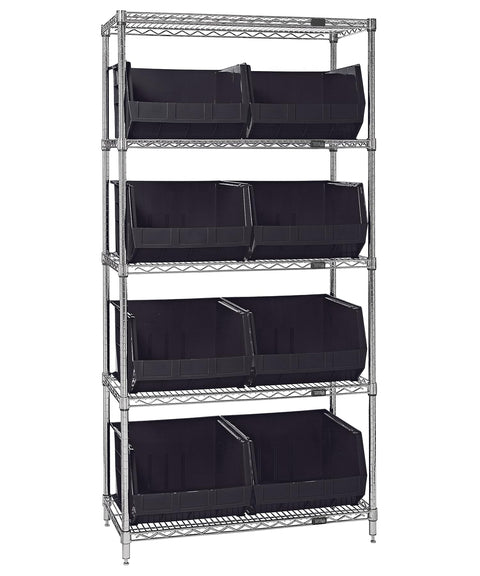 Quantum Storage Systems WR5-270BK 5-Tier Complete Wire Shelving System with 8 QUS270 Black Giant Open Hopper Bins, Chrome Finish, 74" Height x 36" Width x 18" Depth