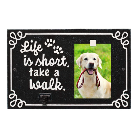 Whitehall Pet Photo Plaque Leash Hook - Cast Aluminum Life is Short Take a Walk Keepsake Animal Paw Print Wall Sign and Leash Holder with Picture Clip - Black/White