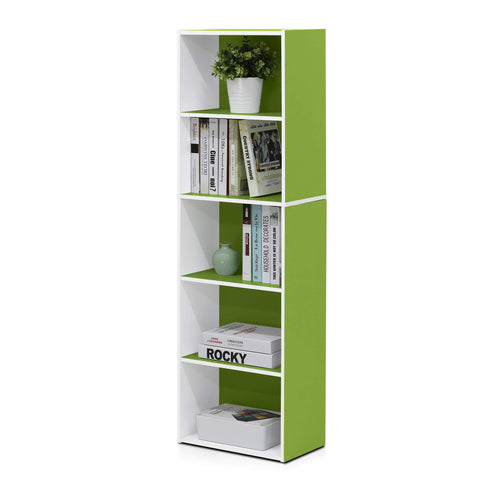 Furinno LUDER Book Shelf, 5-Tier Bookshelf, Bookcase with Open Shelves, 9.4 x 15.8 x 52, Easy Assembly, for Living Room, Bedroom, Home Office, White/Green