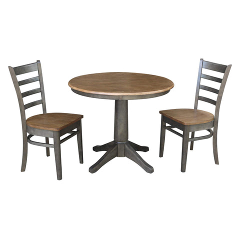 IC INTERNATIONAL CONCEPTS 36" Round Wood Table with 2 Emily Chairs in Hickory/Washed Coal - 3 Piece Set