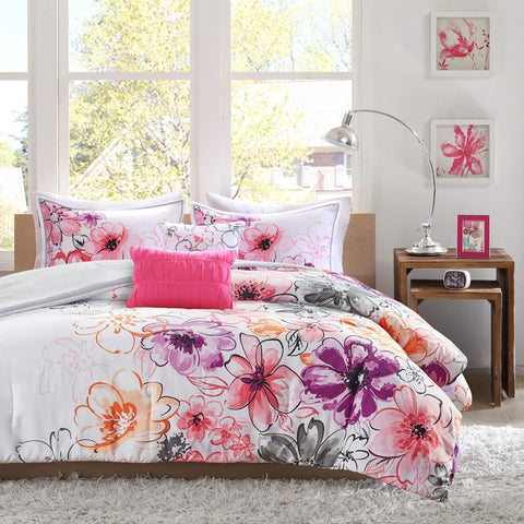 Oakestry 5pc Comforter Set Soft Bedding for All Seasons Floral Design Matching Sham, Decorative Pillow, King/California King, Olivia Pink