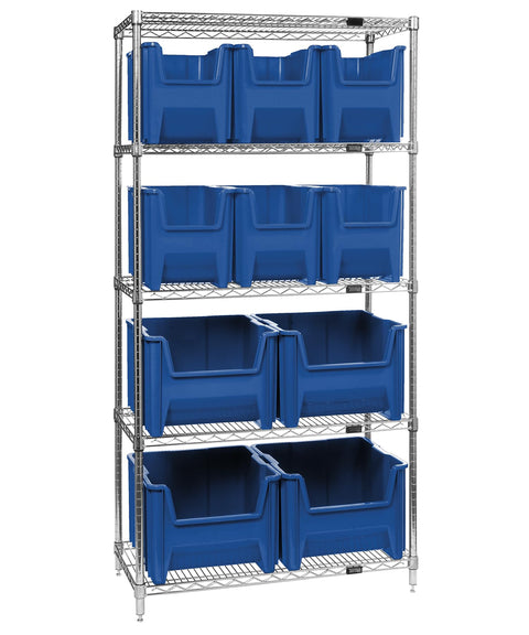 Quantum Storage Systems WR5-600800BL 5-Tier Complete Wire Shelving System with 6 QGH600BL and 4 QGH800BL Blue Giant Stack Bins, Chrome Finish, 74" Height x 36" Width x 18" Depth
