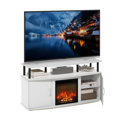 Furinno Jensen Living Room Fireplace Entertainment Center with Doors Storage Cabinet for TV up to 55 Inch Solid White/Black