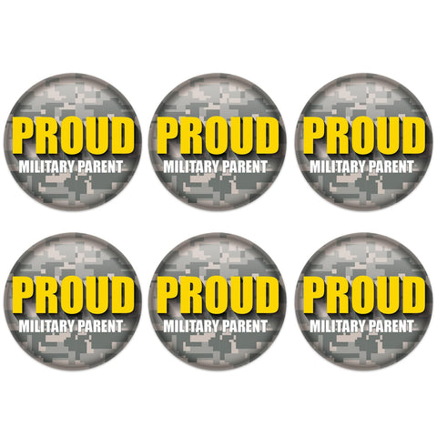 Beistle Proud Military Parent Buttons – 6-Pack 2-Inch Round Patriotic Camouflage Pin-Back Badges with UV Coating for Events, Military Family Support, and Awareness Displays, USA Made