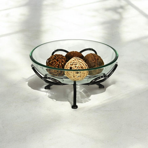 Cheungs Olivan Tempered Glass Bowl & Metal Stand - Round 12.5" - Decorative Storage for Living Room, Modern Black Finish