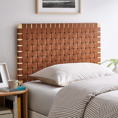 Modway Sparta Vegan Leather Weave Twin Headboard in Natural Brown Faux Leather Twin Headboard Only, Height Adjustable Headboard, Freestanding Headboard for Children's Bedroom or College Dorm